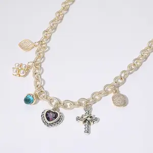 14K Gold Plated CZ Heart Pearl Cluster Metal Cross Necklace: Gold