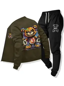 Spring and Autumn new men's two-piece set trend personality bear pattern print zip hooded jacket with pockets elastic waist head drawstring trousers men's suit