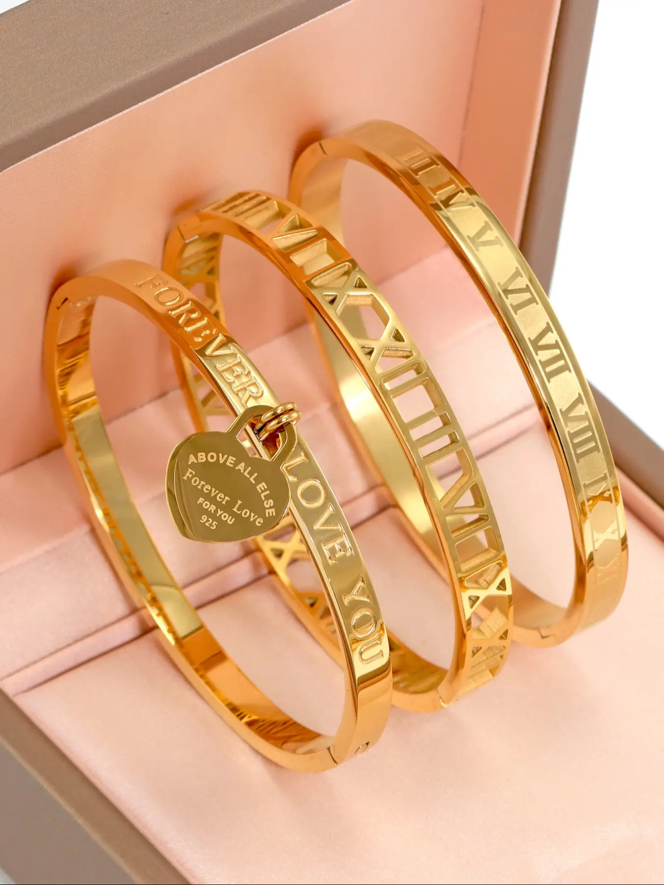 Women Stainless Steel Cuff Bracelet Set, Stackable Bracelets, Beautiful Bracelets, Elegant Jewelry Bracelet, Heart & Roman Numeral Design, 18K Gold Plated, Fashion Wrist Jewelry, Casual Jewelry Gift for Women