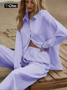 Two-piece Set Women's Solid Color Button Front Shirt & Wide Leg Pants, Casual Comfy Set for Daily Wear, Ladies Clothes for All Seasons, Casual Lounge Set, Casual Summer Set