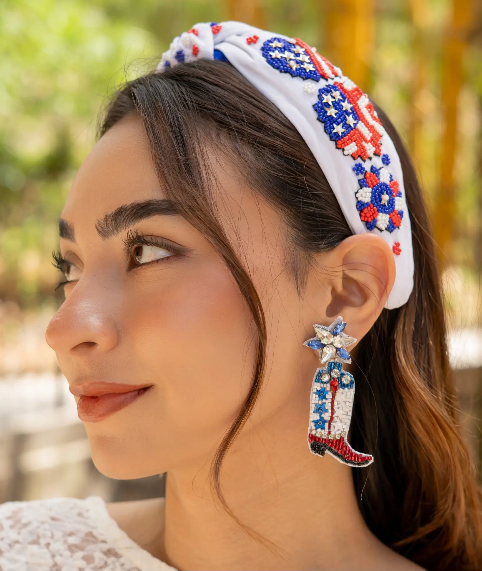 Hand Beaded Patriotic Sunflower Pattern Knot Headband