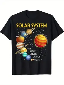 Solar System Planets Print T-Shirt - Black with Colorful Solar System Graphic( for to Neptune) Breathable Unisex Adult & Youth Sizes Casual Crew Neck Short Sleeve Tee for Men Women All-Season Space-Themed Astronomy Apparel