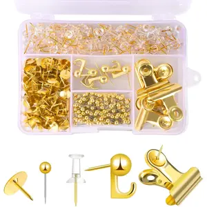 310 Pcs Gold Push Pins Set Thumb Tacks Decorative Push Pins for Cork Board with Push Pin Hook Pushpin Clip 5 Style Office Accessories for Cork Board Map Office (Gold)