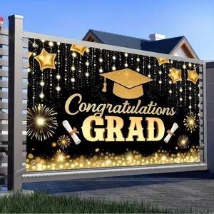 2D Flat Banner, Gold Congratulations Grad Backdrop, 2026 Graduation Photo Booth Background, High School College Party Decor