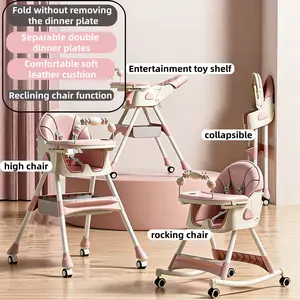 Baby gear sale Multifunctional Foldable detachable pu cushion Toddler High Chair, Reclinable, Convertible to Rocking Horse with Wheels, Adjustable Height Baby Dining Chair
