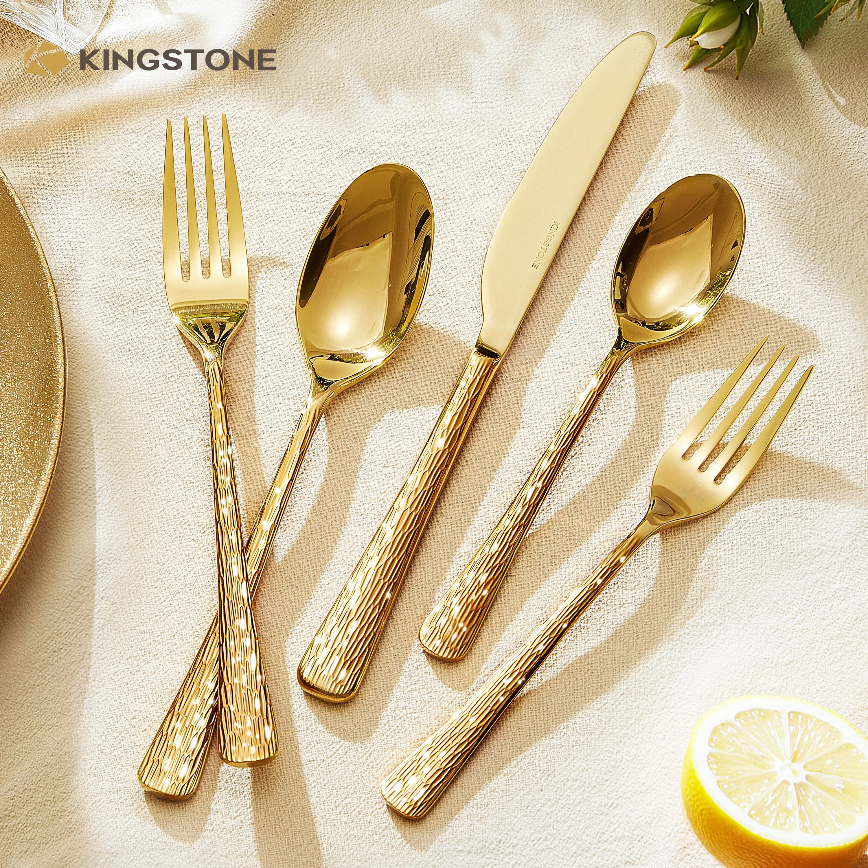 KINGSTONE Premium 18/10 Stainless Steel Aesthetic Hammered Tableware Set - Ripple Handles, Handcrafted Cutlery, Mirror Polished, Dishwasher Safe, Combination Dinner Gift Set for Housewarming, Wedding, Model 8816