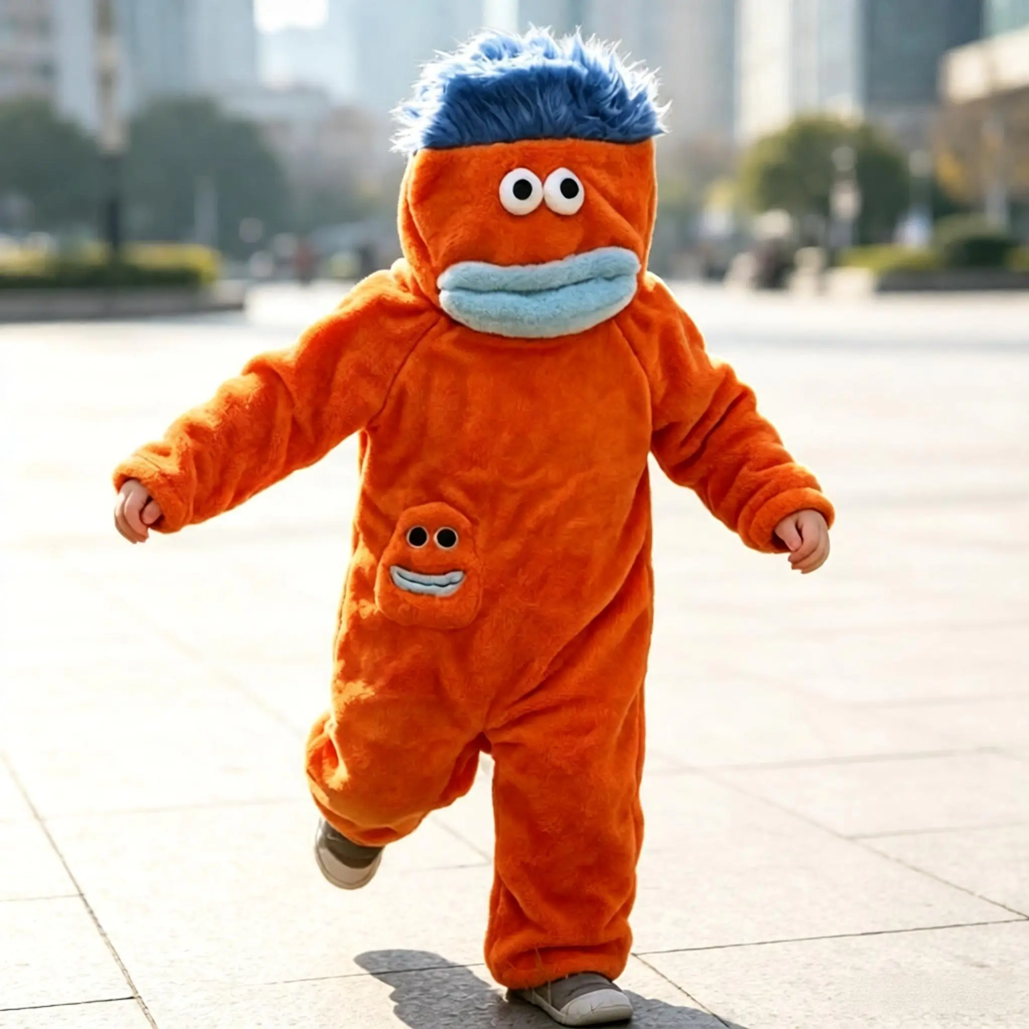 Fun cartoon monster onesie quirky, cute wide-mouth design loungewear unisex pajamas includes a mini monster-themed storage bag; suitable for winter sleepwear, fun cosplay, and keeping kids warm; great for Halloween costumes, birthdays, and holidays