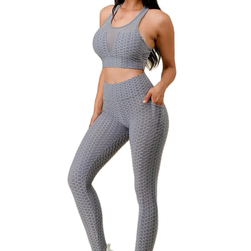Waffle 2 pc Workout Set - Grey High-Shoulder Top & Leggings, Versatile Design for Various Fitness Activities two-piece woman