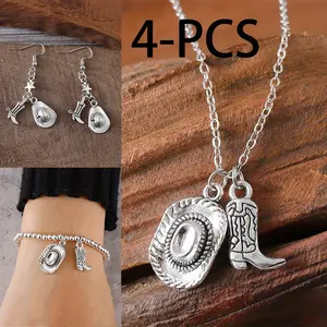 4PCS Vintage Cowboy Hat Boots Texas Farmer Pendant Jewelry Set Unisex Silvery Cowboy Hat Boots Adjustable Necklace Ethnic Handmade Beads Bracelet Western Cowboy Theme Pendant Earrings Retro Party Jewelry Gift