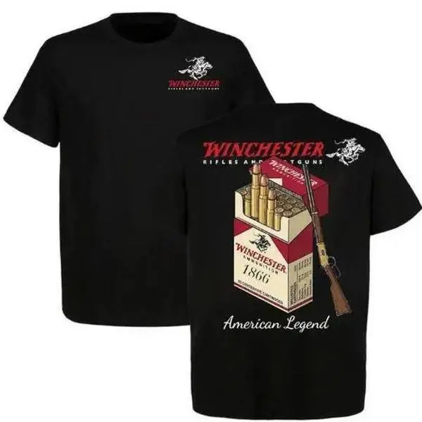 Winchester Men's Casual Round Neck Short-Sleeve Cotton T-Shirt - American Legend, 1866 Ammo Box Graphic, Lever Action Rifle Print, Vintage Hunting Apparel, Gun Enthusiast Gift, Cowboy Western Style Menswear (Pair with Jeans)