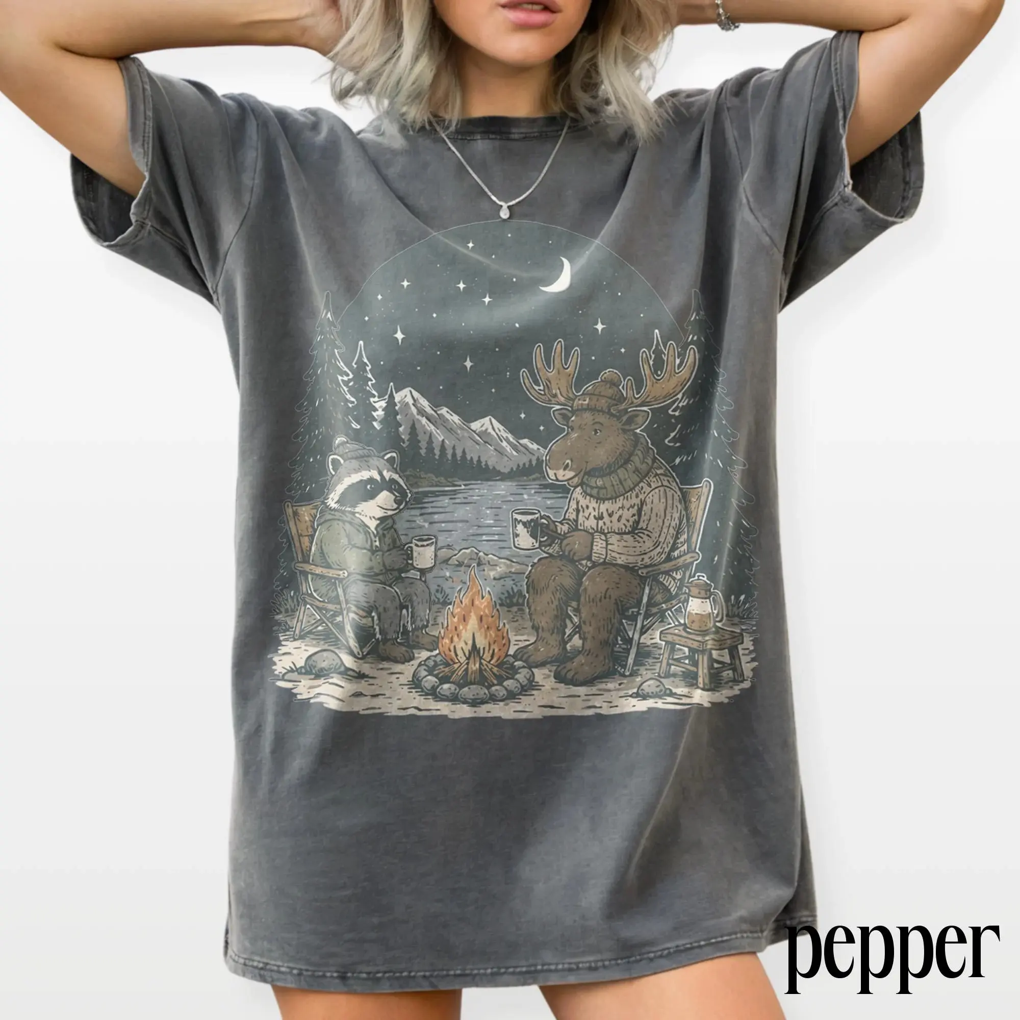 Vintage Camping Wildlife Graphic Tee, Moose Raccoon Campfire Shirt, Cozy Outdoor Adventure Top, Comfort Colors Nature Gift Tee