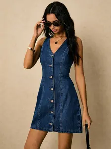Women's Denim Dress Button Placket Tie Back Waist Blue Dress Women's Dress Short Dress Vest Dress Casual Everyday Casual Fashionable Front Button Sleeveless Denim Dress For Women, Old Money Back To School Country Concert Outfit Business Casual Woman Casua