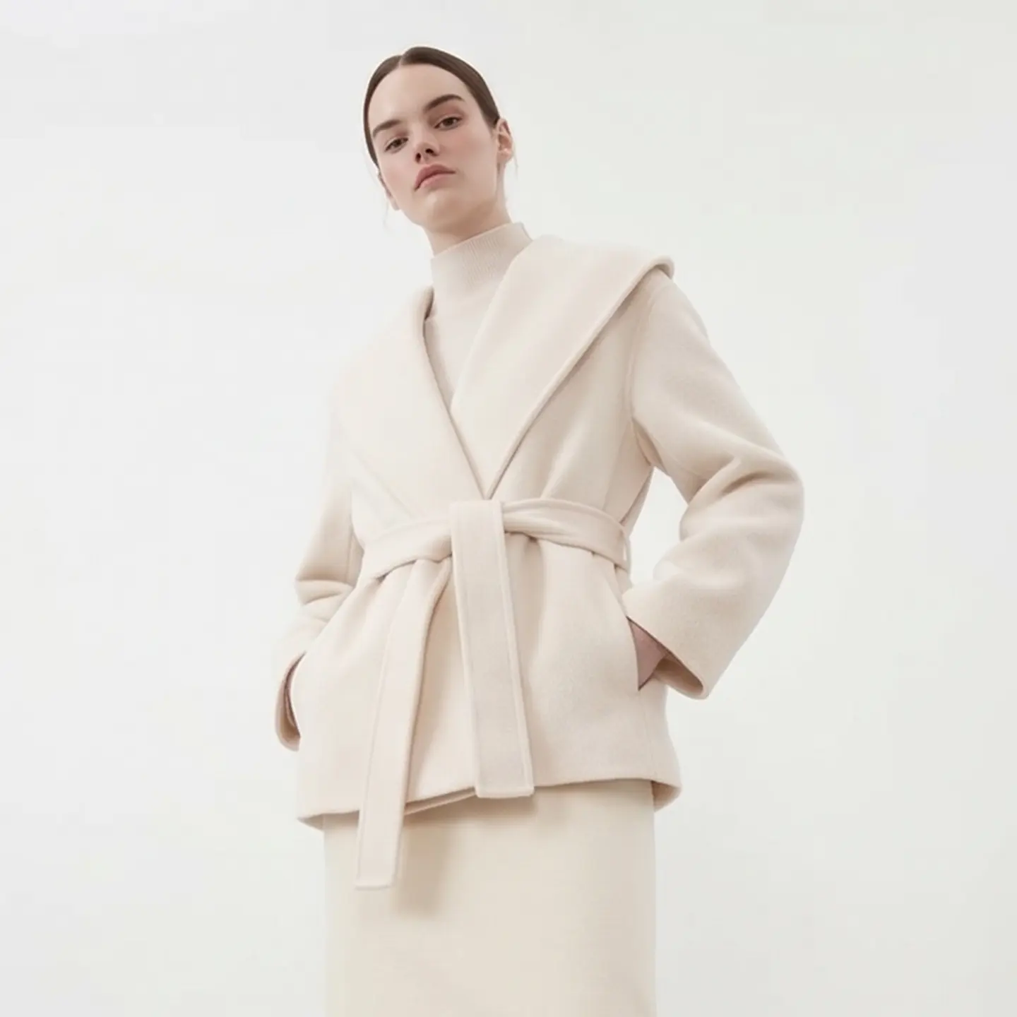 Women's 100% Wool Belted Oversized Short Wrap Coat - Shawl Collar, European Fit, Silky Smooth Fabric, Turtleneck, Essential Outerwear, Tops, Skirts Casual Elegant, Style