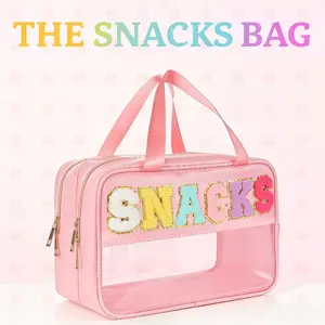 Transparent Clear Snack Bag with Chenille Letter Patches | Double Zipper Layer Travel Organizer for Food & Treats | Multi-functional Carry Pouch with Top Handle | Spring 2026 Picnic Beach Essentials Mother's Day Gift