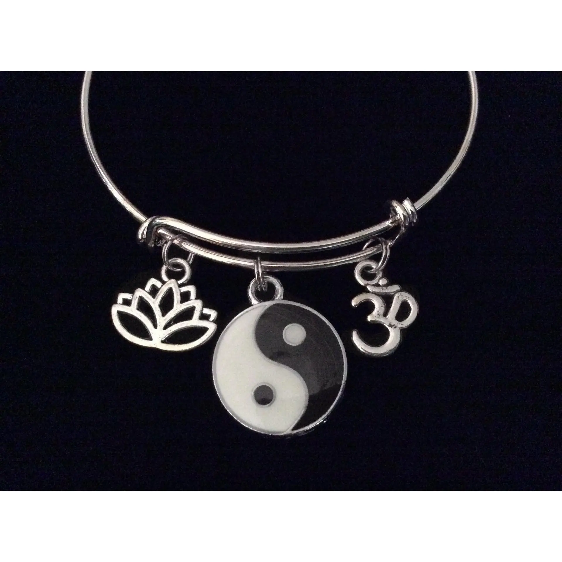Yin Yang Lotus Om Expandable Charm Bracelet Adjustable Silver Wire Bangle Trendy Yoga Inspired Meaningful Inspirational