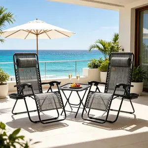 SummerVibes Zero Gravity Chair Set with Side Table, Folding Adjustable Reclining Lounge Chair with Cupholders & Head Pillows, Outdoor Portable Recliner Furniture for Pool, Backyard, Lawn, Beach, Gray