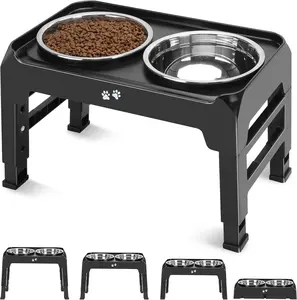 Elevated Dog Bowls, 4 Height Adjustable Raised Bowl Stand with 2 Thick 50oz Stainless Steel Food Feeder Bowls Non-Slip for Medium Large Dogs Adjusts to 3.7", 9.2", 10.75", 12.36" Black