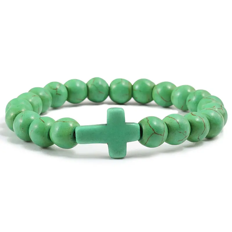 Premium Bracelet with Turquoise Stone Beads and Cross Charm, Ethnic Style Stretch Jewelry for Women and Men, High Quality Bracelet, Exquisite Bracelet