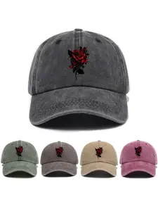 1-piece vintage charm and fashionable rose print washed and distressed Fitted Design baseball cap for both men and women, sun-blocking baseball cap Baseball Caps for Casual Wear