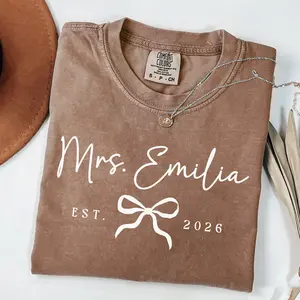 Custom Mrs Shirt, Comfort Colors Future Mrs Last Name Tshirt Bride Personalized Gift for New Wife T Shirt Honeymoon Tee Engagement Gift Casual Cotton