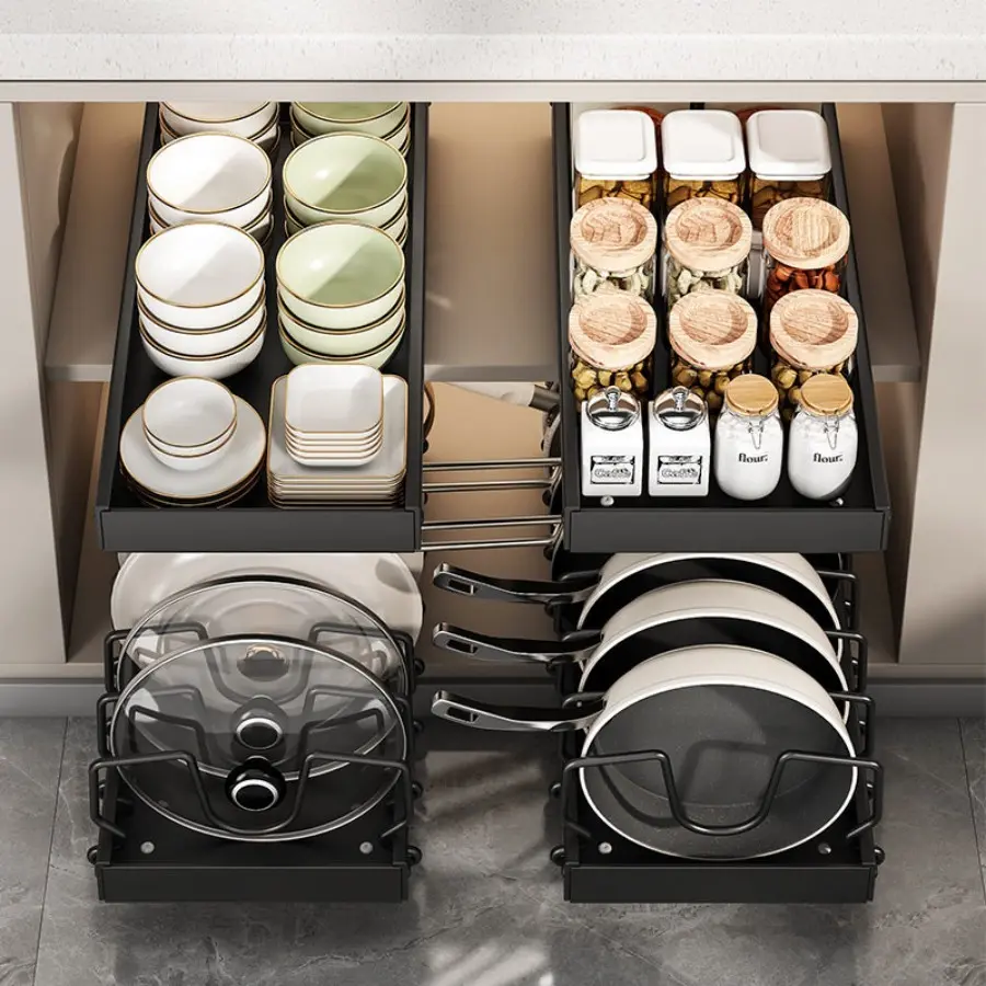 Lozovin Durable Carbon Steel Under-Cabinet Pull-Out Sliding Rail Rack - Adjustable Lid Organizer with 10 Dividers, Built-In Pulley Ball, Single-Layer Storage for Pots, Bakeware (Hassle-Free Home Organization Cabinet-Rack Accessory), Adjustable Storage She