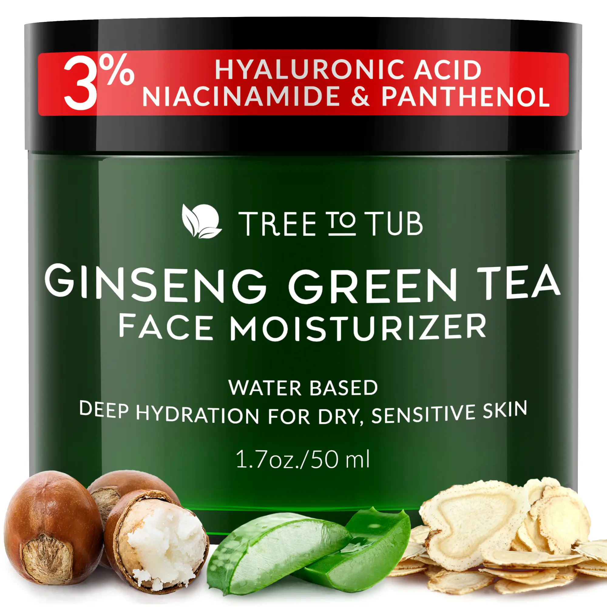 Tree to Tub Hydrating Face Moisturizer for Dry & Sensitive Skin - Moisturizing Face Cream for Women & Men w/Organic Aloe, Green Tea, Natural Ginseng
