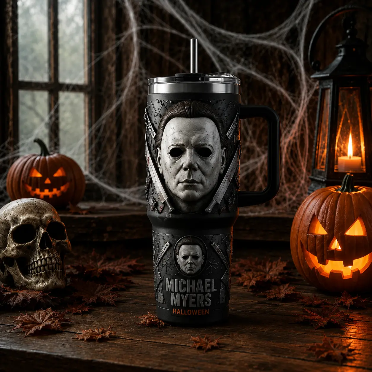 Michael Myers Halloween 40oz Stainless Steel Tumbler with Handle, Vacuum Insulated Travel Mug, Horror Movie Slasher Cup, Leak-Resistant Coffee Tumbler, Halloween Gift for Horror Fans