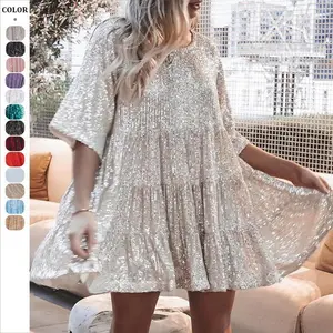 Summer Sequin Baby doll Dress Sparkly Glitter Dress Short Flowy Tiered Tunic Dress for Women Party Club Night
