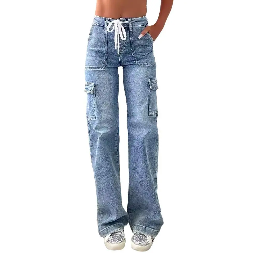 Maomous 2025 New Streetwear Lady's Fitted Plain Denim Trousers - Laced, Multi-Pocket Cargo Jeans with Button-Zip Closure for Everyday Casual Wear, Trouser, Vintage, Utility Pocket