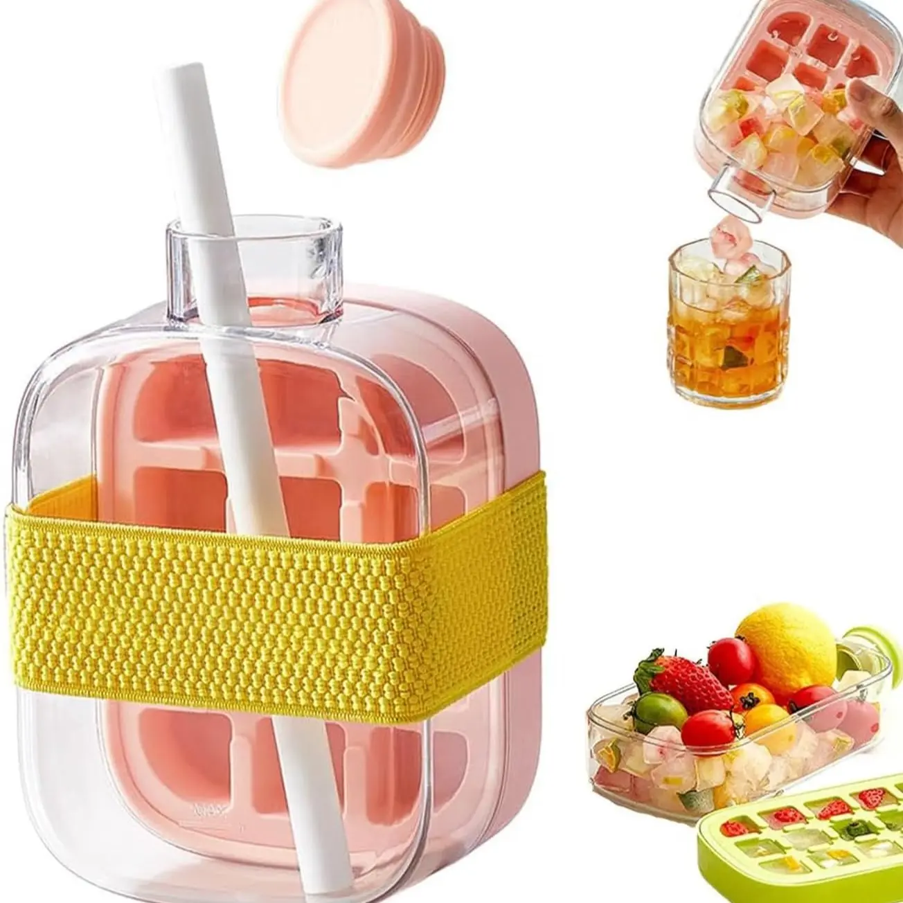 2026 Upgrade 2 in 1 Lightweight Ice Cube Bottle with Straw,Portable Ice Cube Tray Built in Ice Mold Cup,Press to Release Touch Free Ice Tray Leak Proof Lid for Outdoor Office Travel Home Essential.