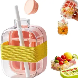 2026 Upgrade 2 in 1 Ice Cube Bottle with Straw,Portable Ice Cube Tray Built in Ice Mold Cup,Press to Release Touch Free Ice Tray Leak Proof Lid for Outdoor Office Travel Home Essential.