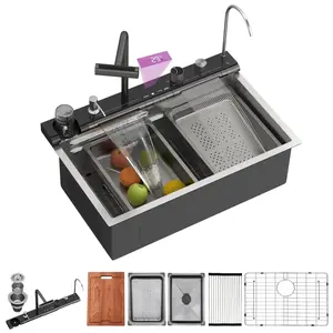 LORDEAR Drop-in Single Bowl Waterfall Kitchen Sink 16 Gauge Stainless Steel with Digital Display Honeycomb Finish Double Ledges Pull-out Faucet Multifunctional Accessories