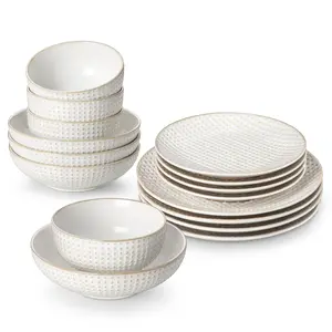 MALACASA 12/16 Pieces Stoneware Dinnerware Sets, Modern Relief Design Plates and Bowls Sets, White Dish Set for 4, Kitchen Ceramic Dinner Plates Dishware Set, Microwave and Dishwasher Safe, Series LYDIA Winter Holiday