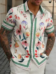 Men's Plus Size 2xl-6xl Tropical Floral Print Shirt, Bottom Striped Vacation Style, Casual Fashion Top