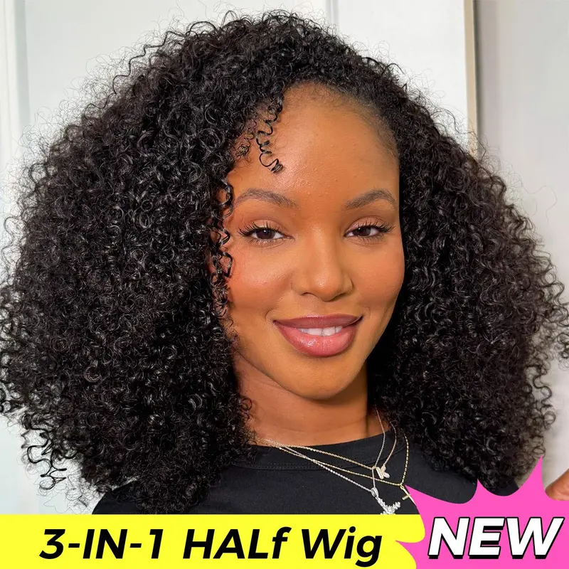 [3 In 1 Half Wig] OQ HAIR Invisible Hairline Kinky Curly Half Wig Easy Wear Go Glueless Human Hair Wig With Drawstring Beginner Friendly Seamless Flip Over Endless Styles #TikTokShopBlackFriday