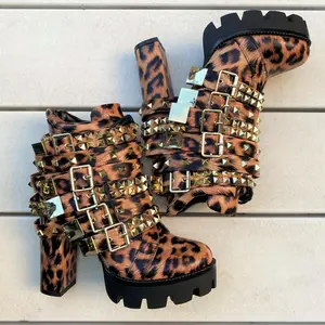 Leopard Platform Boots with Gold Ornaments, round toe,