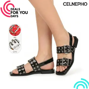 CELNEPHO Womens Flat Sandals Open Square Toe Flat Block Heel Metallic Buckle Strap Easy Slip on Slingback Flats Office Wear Comfortable Casual Party Date Fashionable Daily Wear Dress Shoes Deals For You Days