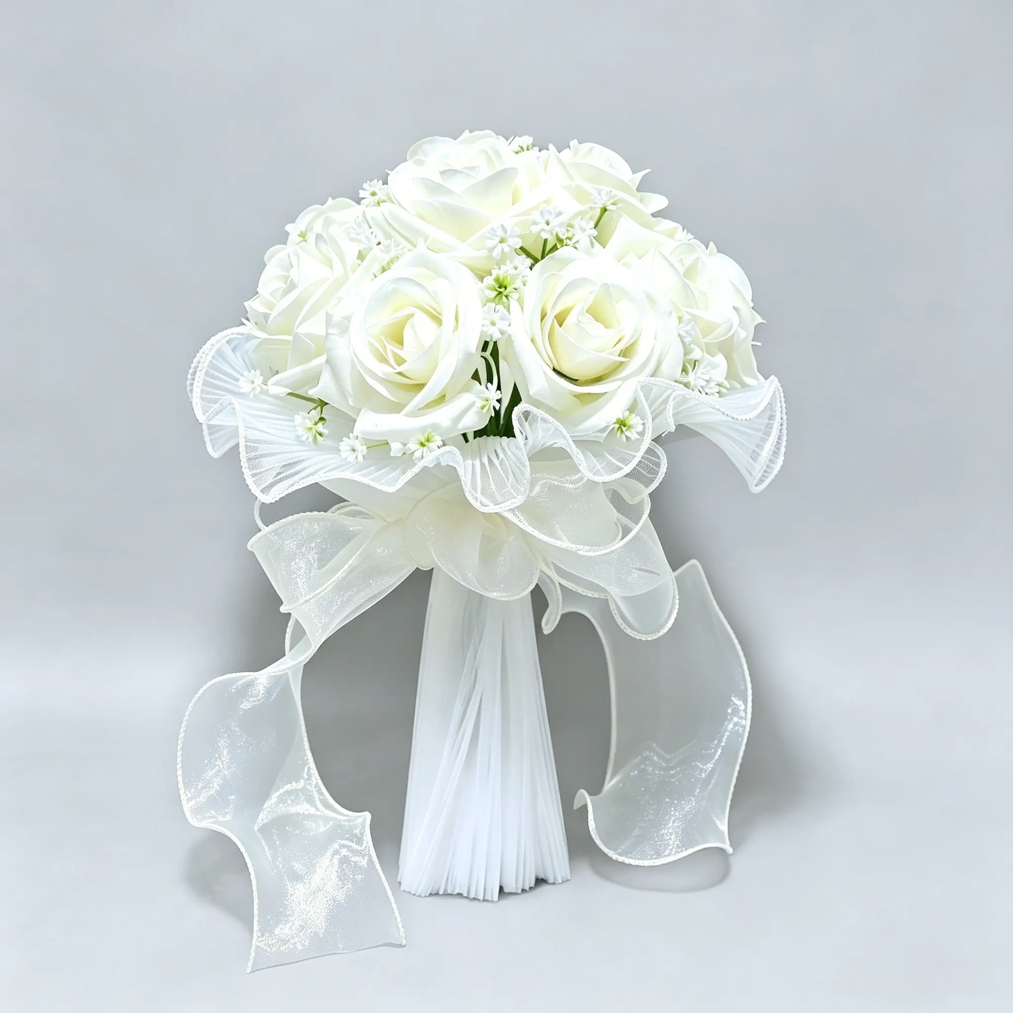 Ivory White Artificial Rose Bridal Bouquet 17x22cm, Elegant Silk Flower Handheld Bouquet with Sheer Organza Ribbon, Reusable Decorative Wedding Bouquet for Bride, Bridesmaid, Engagement, Photoshoot & Home Decoration, Faux Flower Decorations