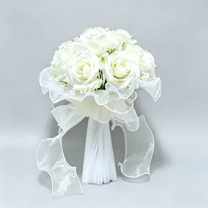 Ivory White Artificial Rose Bridal Bouquet 17x22cm, Elegant Silk Flower Handheld Bouquet with Sheer Organza Ribbon, Reusable Decorative Wedding Bouquet for Bride, Bridesmaid, Engagement, Photoshoot & Home Decoration, Faux Flower Decorations