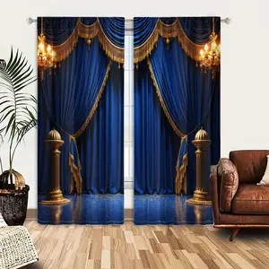 2pcs Window Curtains, Opulent blue velvet curtains with gold trim frame a stage. Gold chandeliers and pedestals add grandeur, while glitter dots the reflective blue floor.Window Drapes for Bedroom Living Room, Rod Pocket Window Treatment