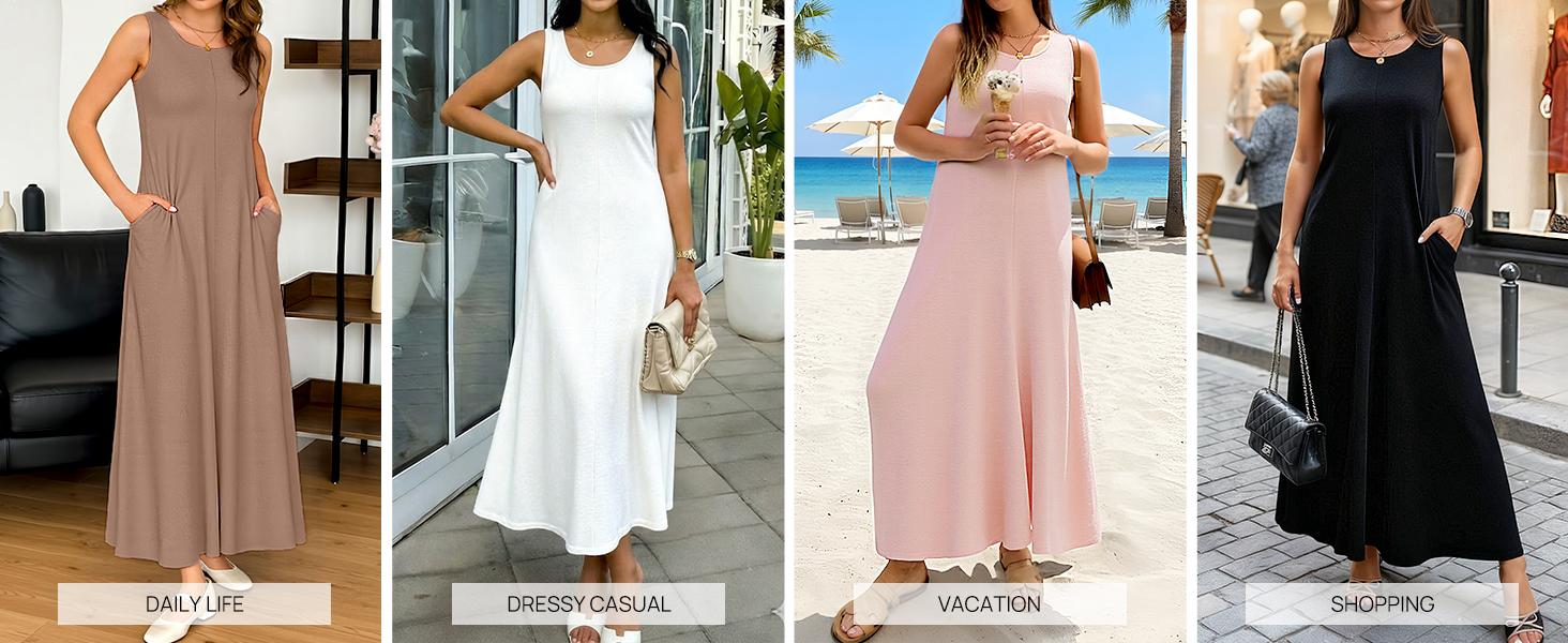 MEROKEETY Women's 2026 Summer Maxi Dress Sleeveless Crewneck Casual Loose Beach Vacation Basic Long Sundress