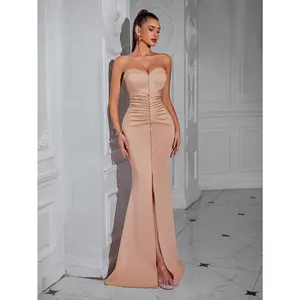 1pc Elegant Polyester Bodycon Mermaid Gown for Women - Bandeau Neckline, Backless Design, Front Slit, Solid Color with Fake Button Detail, Knit Fabric - Perfect for Parties, Weddings & Special Occasions - For Women