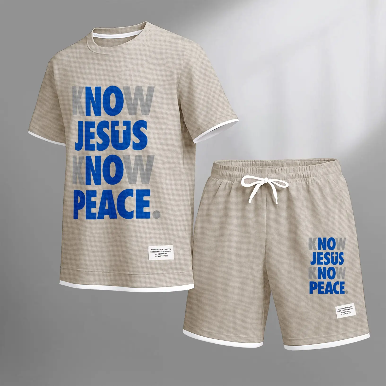 Men's Christian print drawstring shorts set is ideal for spring and summer. This casual summer set includes a short-sleeved shirt and a pair of shorts, suitable for everyday wear and sports. Crewneck Shortsleeve