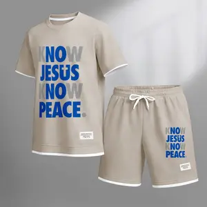 Men's Christian print drawstring shorts set is ideal for spring and summer. This casual summer set includes a short-sleeved shirt and a pair of shorts, suitable for everyday wear and sports.