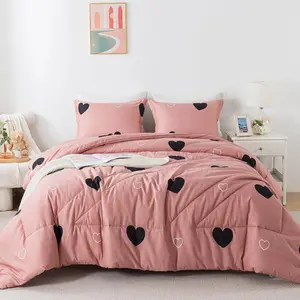 Love  Cameo Brown Comforter Set Full Size, Pink Love Heart  Comforter Bedding Set for All Seasons, Geometric Microfiber 3 count Comforter Set with Pillowshams