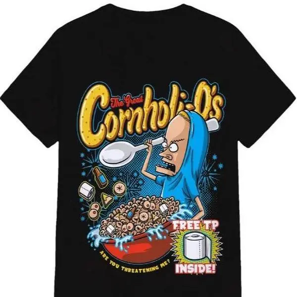"Cornholi-O's" Beavis and Butthead Parody American Retro Black Short-Sleeved Unisex T-Shirt, Humorous Cereal Graphic, Casual Streetwear for Cartoon & Comedy Enthusiasts,summerwins,father'sdaygifts
