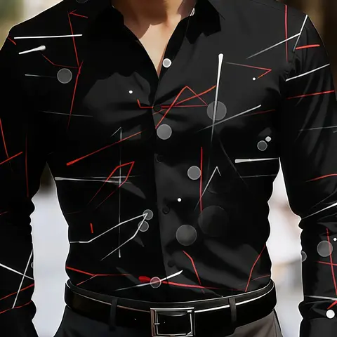 Mens Long Sleeve Fashion Dress Collared Shirt with Irregular Geometric Lines Print Perfect for Daily Commute and Formal Occasions Geometric Graphic Shirt