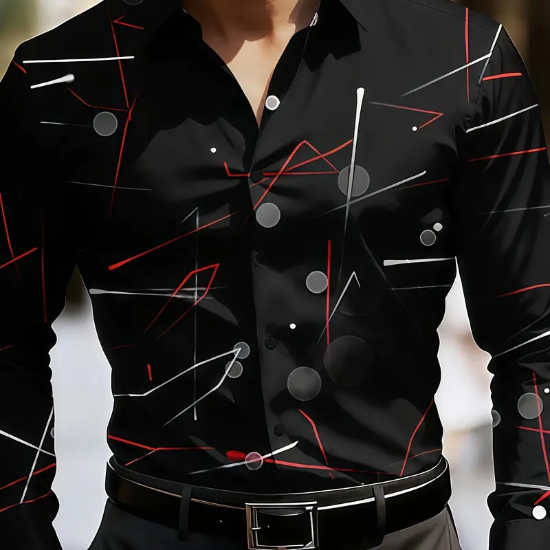 Mens Long Sleeve Fashion Dress Collared Shirt with Irregular Geometric Lines Print Perfect for Daily Commute and Formal Occasions Geometric Graphic Shirt