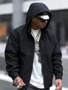 2026 New Menswear Personalized Fitted Hooded Windbreaker Jacket - Black, Waterproof Polyester, Long Sleeve, Windproof, Warm, Lightweight Zip-Up, Adjustable Drawstrings, Plain Solid Color, Multi-Pockets, All Seasons Casual Outdoor Top for Running, Hiking