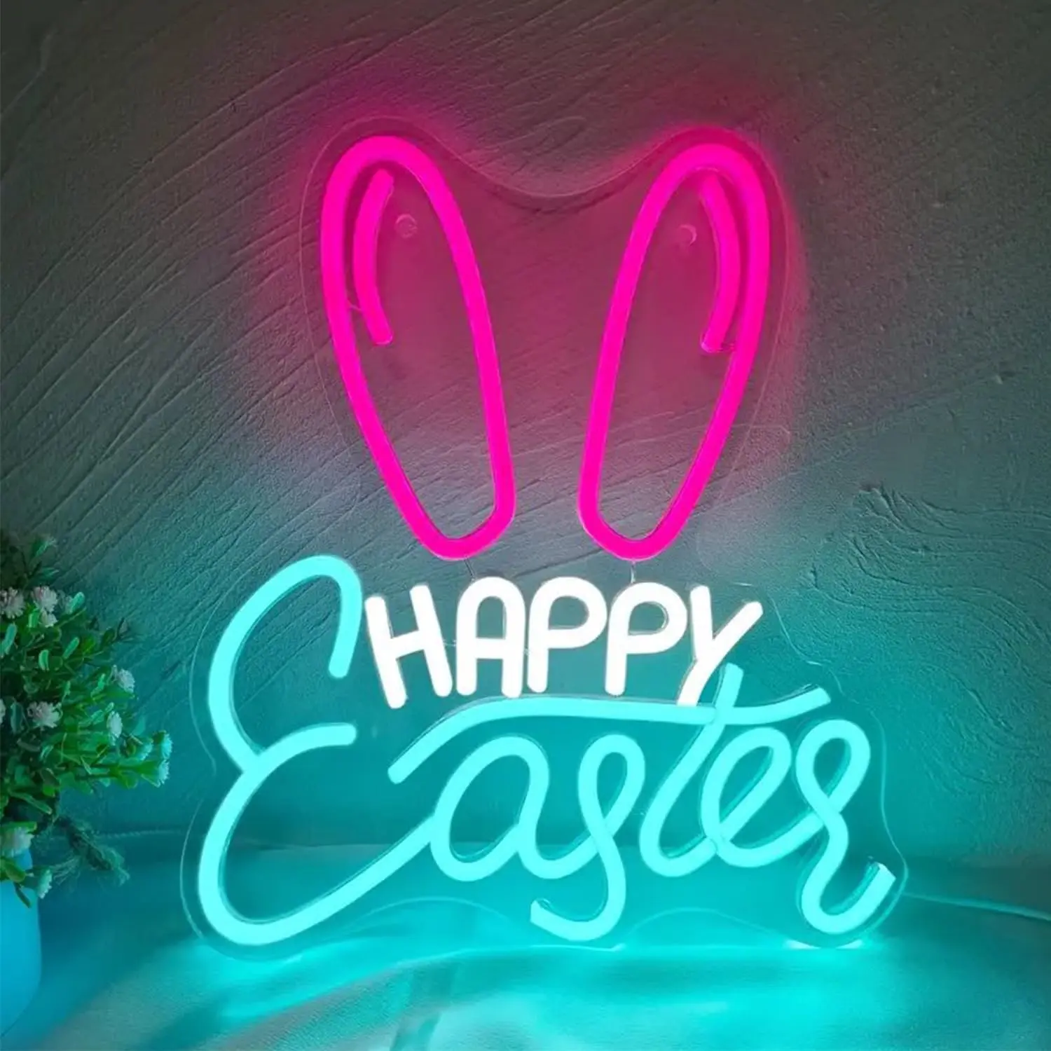Happy Easter Neon Sign for Wall Decor Easter Bunny LED Neon Signs for Bedroom Living Room Bar Shop Easter Gifts 11.42*13in